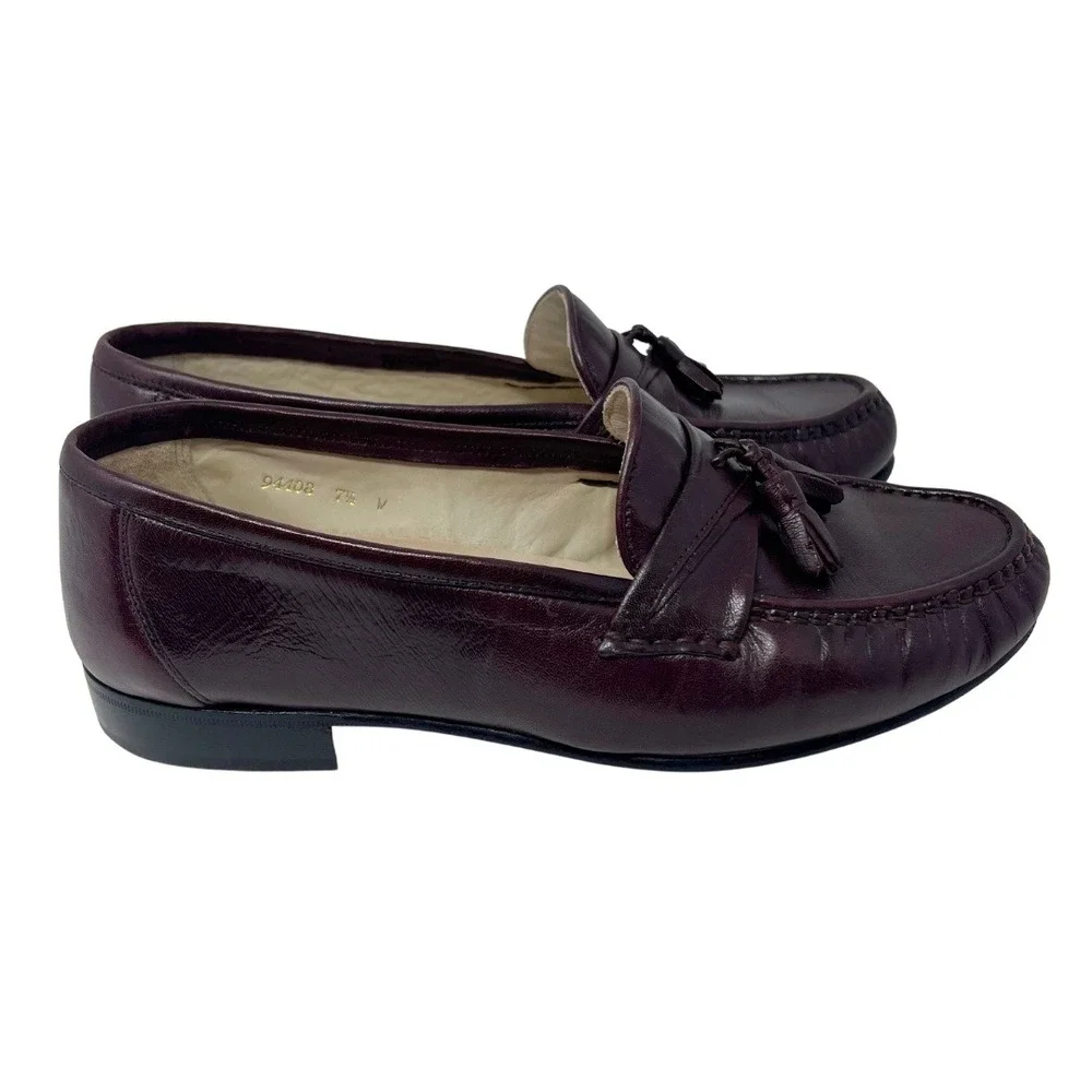 Vintage 80s Oleg Cassini Mens 7.5 W Burgundy Leather Tassel Loafers Italy